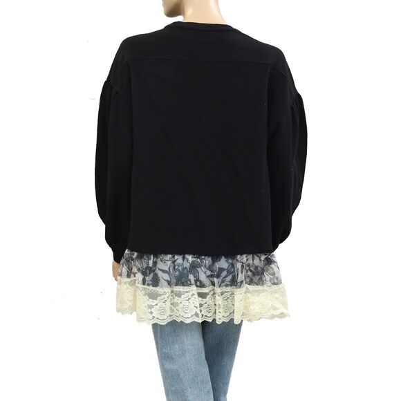 By Anthropologie Tulle-Hem Pullover Sweatshirt Top Cotton Black LP NWT 283848 - Picture 7 of 8